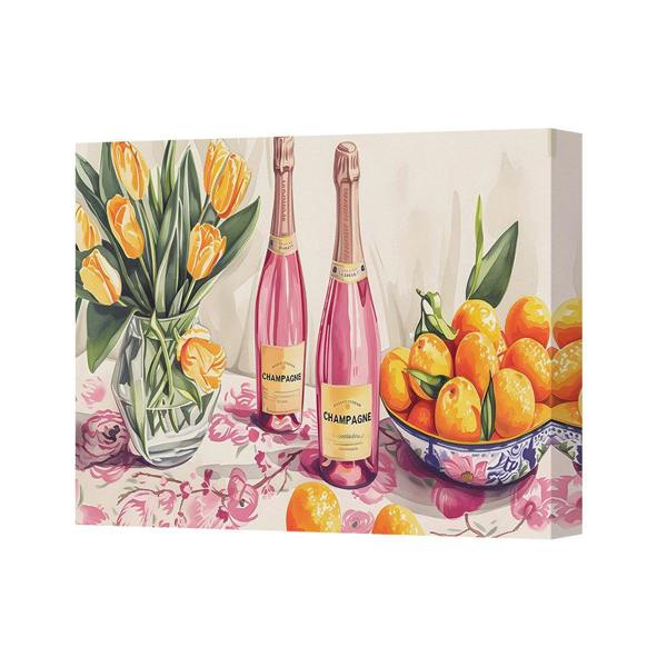 Benjamin Tate Design Vibrant Champagne Bottles And Citrus Still Life Canvas Wall Art
