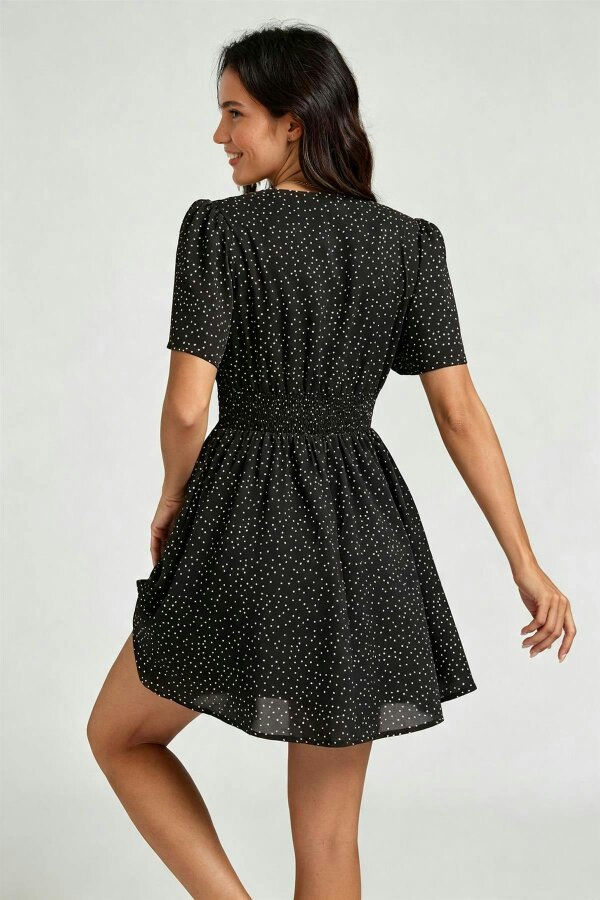 FS Collection Dot Print Short Sleeve Mini Dress In Black