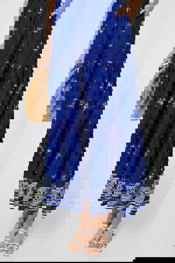 Blue | Border Print 1/2 Sleeve Maxi Dress