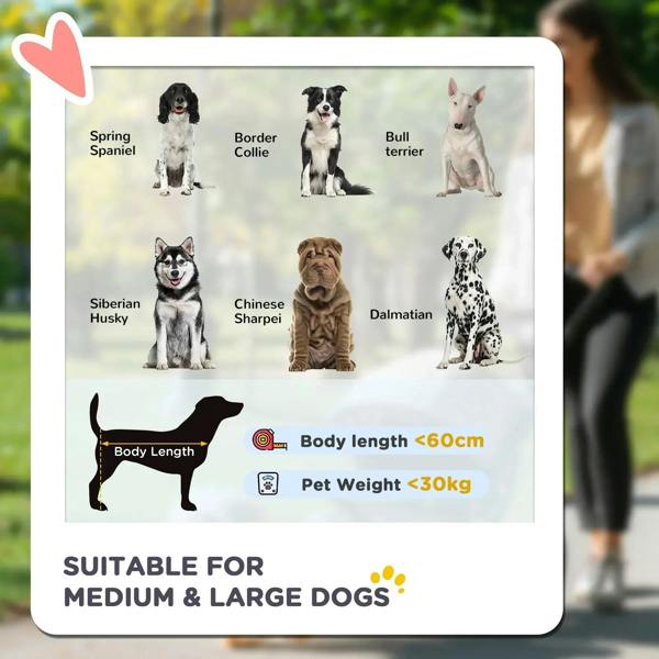 Pet stroller size guide graphic with dog icons and stroller illustration