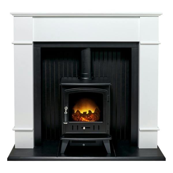Adam Oxford Stove Fireplace in Pure White with Aviemore Electric Stove in Black, 48 Inch