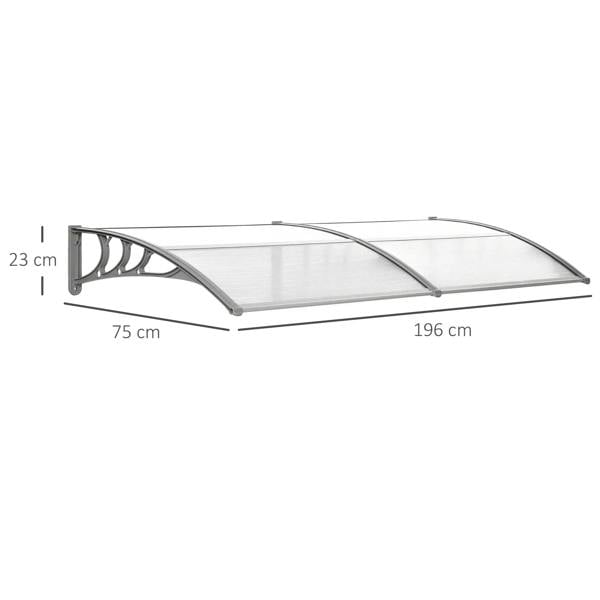 Front door canopy awning with arched clear polycarbonate cover and gray mounting frame