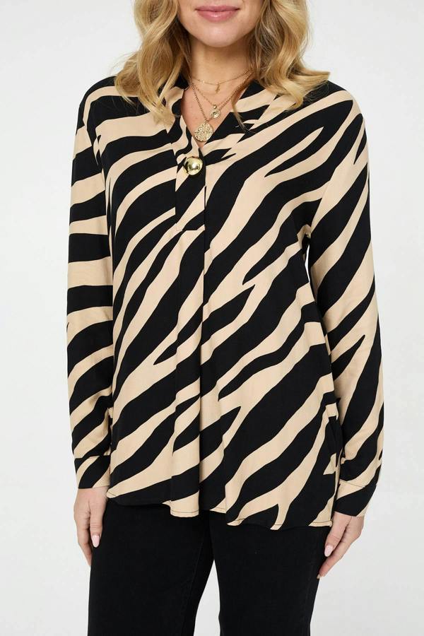 Black | Zebra Print Long Sleeve Slim Blouse