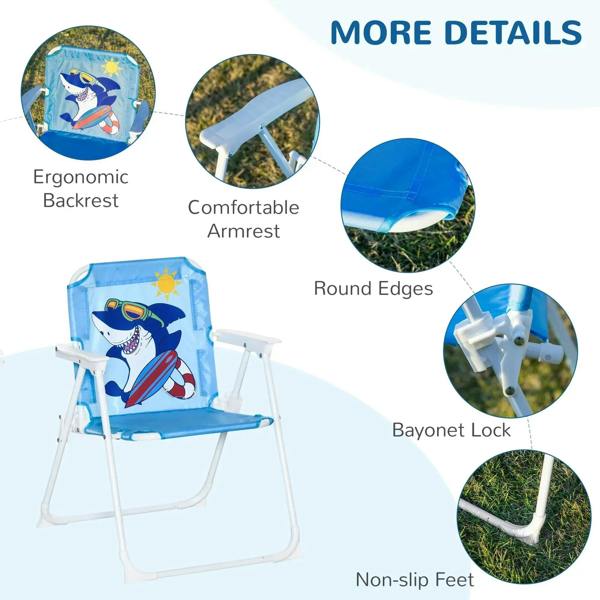 Blue kids folding chair with shark graphic, ergonomic backrest and armrests