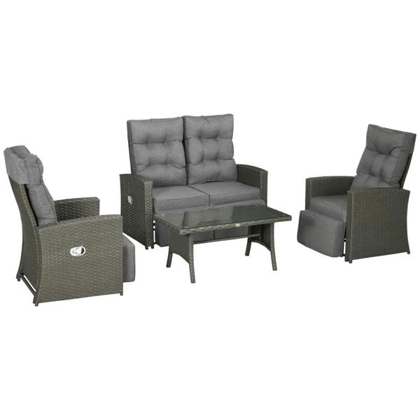 Grey 4-piece outdoor rattan sectional furniture set with glass-top table and cushions