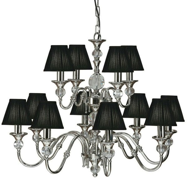 Diana Ceiling Pendant Chandelier Bright Nickel & Black Pleat Shade 12 Lamp Light Loops