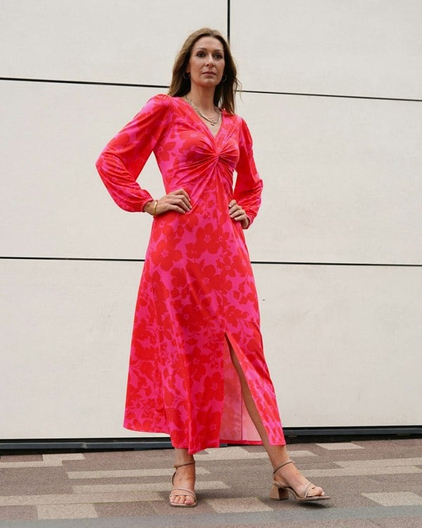 Antonia York Twisted Front Dress - Wanda Soft Jersey Maxi Dress in a Red Pink Floral Print