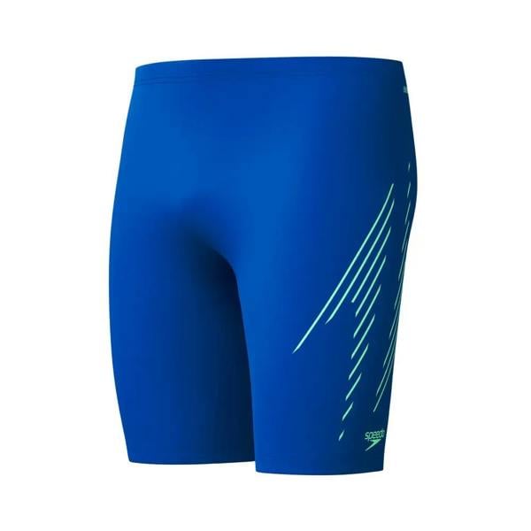 Royal blue Speedo Hyperboom Placement swim jammer with white stripes and green logo