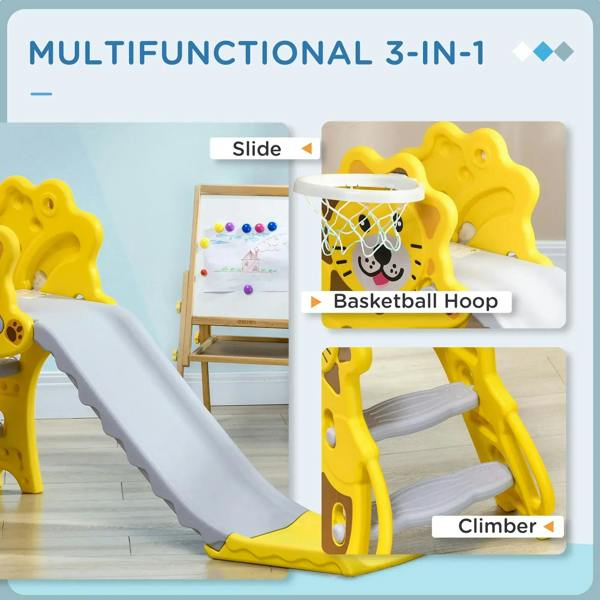Yellow lion 3-in-1 kids slide with basketball hoop and ladder-style climber