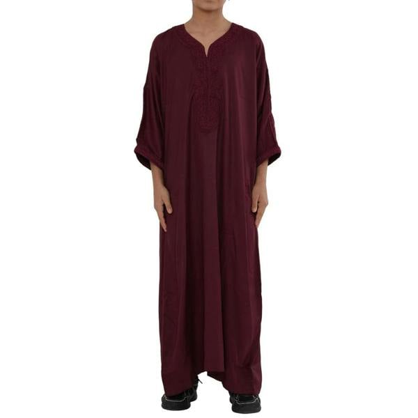 Boy's Moroccan Thobe Half Sleeve Gandoura Embroidery Kaftan - Wine - Thobez - 49