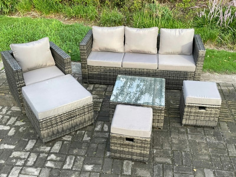Fimous 6 PCS Outdoor Lounge Sofa Set Wicker PE Rattan Garden Furniture Set with Armchair Square Coffee Table 3 Small Footstools Dark Grey Mixed