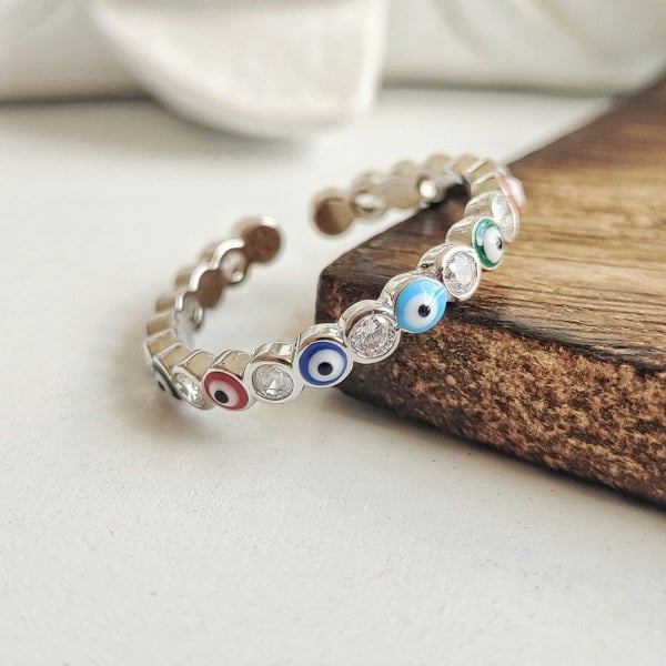 The Colourful Aura Adjustable Multicolour Minimalist Slim Stacking Evil Eye Band Ring