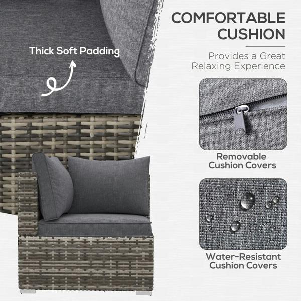 Outdoor rattan corner sofa chair with thick deep grey cushion and visible zipper