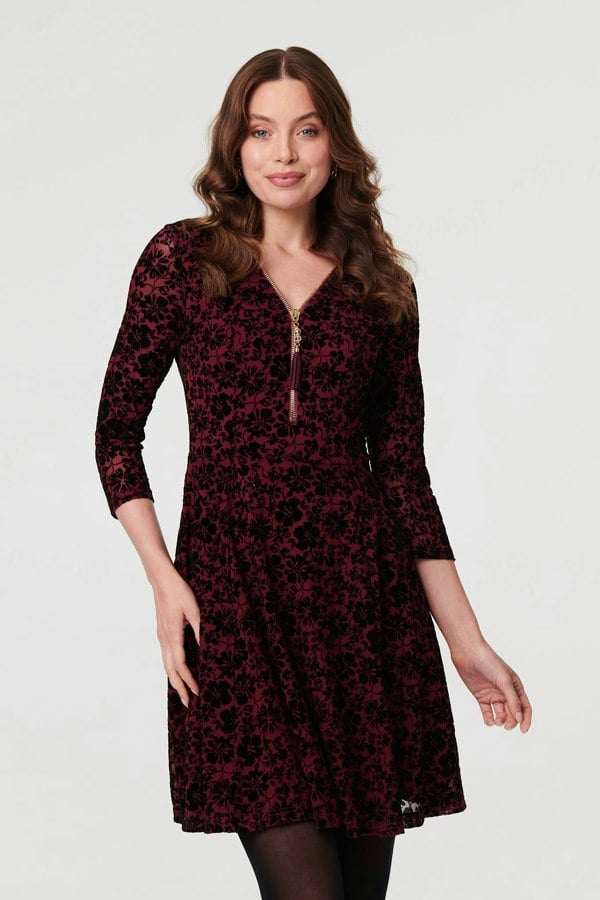 Red | Floral Zip V-Neck Short Skater Dress
