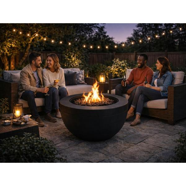 MDA Designs TABITI Black Gas Fire Pit for Garden & Patio - Luxurious Eco-Stone Finish Outdoor Heater Fire Pit