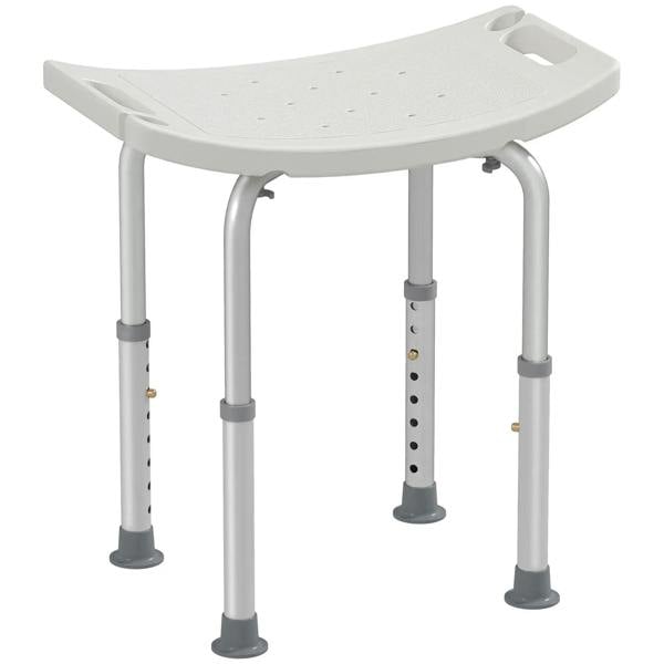 Height-adjustable bath stool with white seat and four adjustable aluminum legs