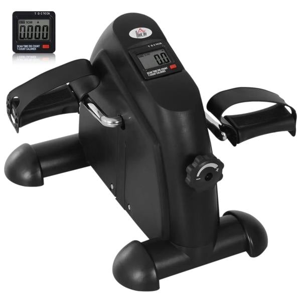 Black under-desk mini exercise bike with LCD display, pedal exerciser for legs and arms
