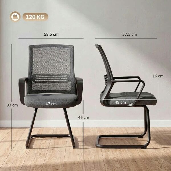 Padded Meeting Office Chair, Ergonomic Desk Chair No Wheels with Sled Base for Bedroom, Waiting, Reception, Dark Grey