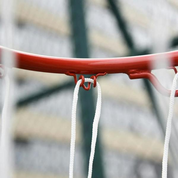 Basketball hoop rim with white net attached to red support bar