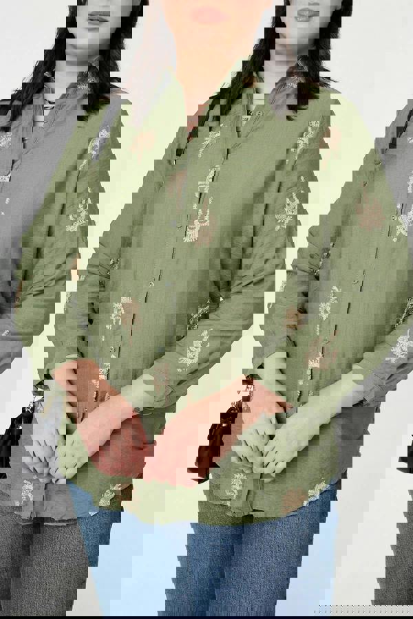 Khaki | Curve Metallic Embroidered Detail Shirt