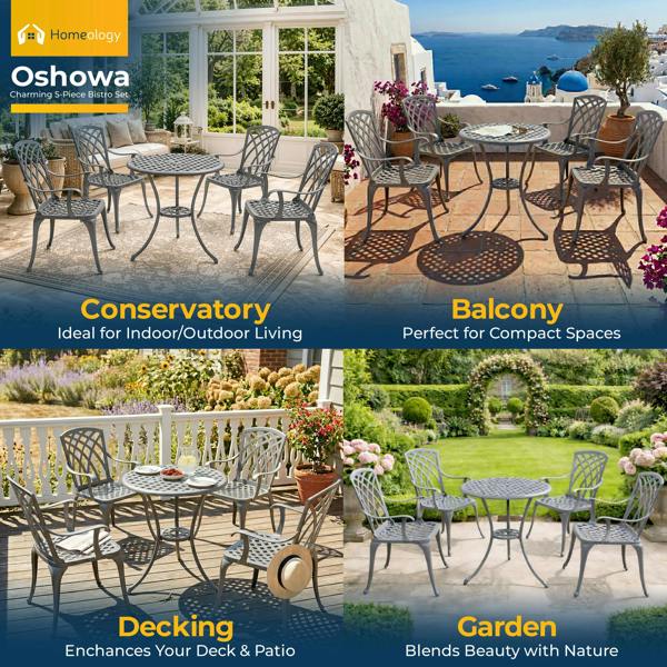 Homeology OSHOWA Luxurious Garden and Patio Table and 4 Large Chairs with Armrests Cast Aluminium Bistro Set - Grey