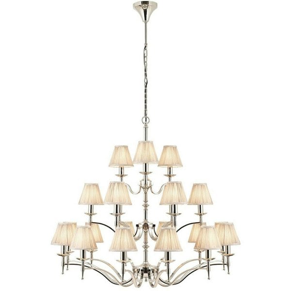 Avery Ceiling Pendant Chandelier Light 21 Lamp Bright Nickel & Beige Pleat Shade Loops