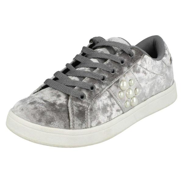 Spot On Ladies Spot On Pearl Trim Velvet Lace Up Pumps F80353
