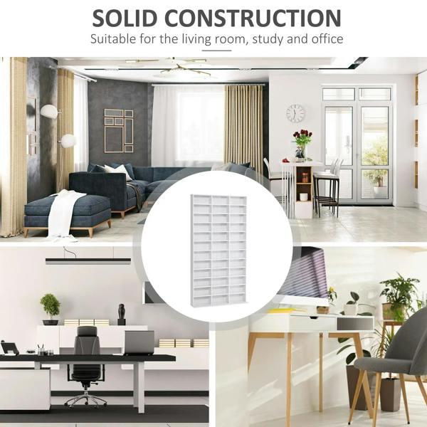 White multi-compartment storage unit with inset view of sturdy shelf panel