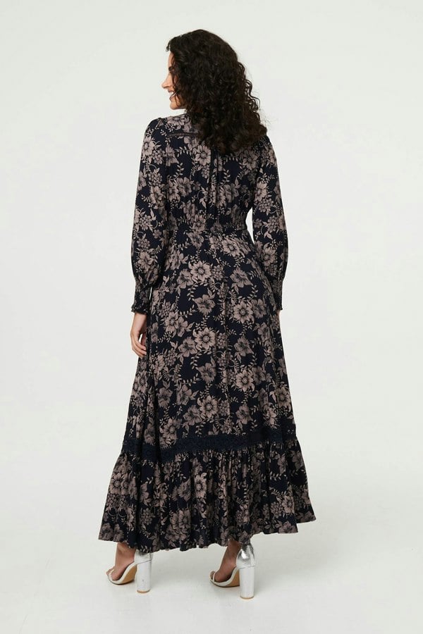 Navy | Floral Lace Long Sleeve Maxi Dress
