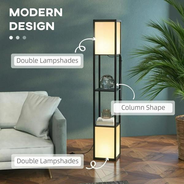Black double-shade floor lamp with tall column shape and two glowing square panels