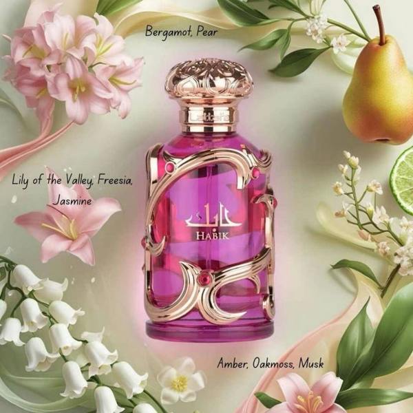 Lattafa Habik for Women Eau de Parfum 100ml bottle with floral notes graphic