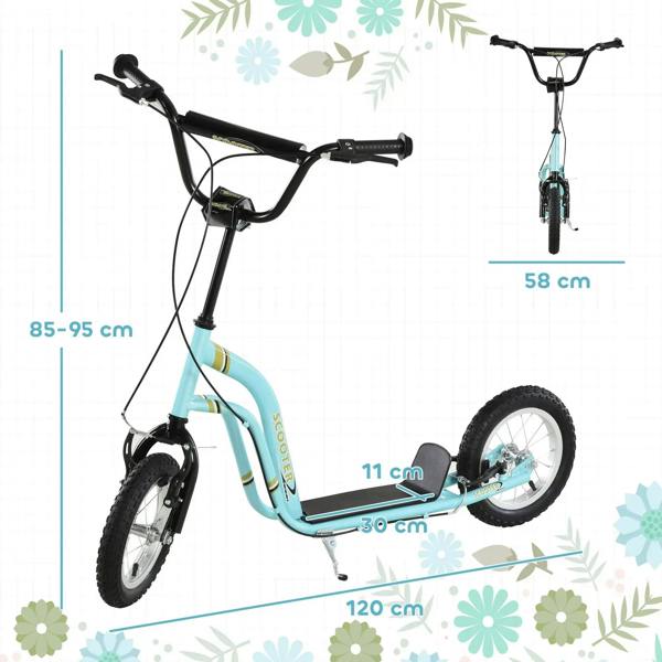 Turquoise kids stunt scooter shown side view with black deck and wheels.