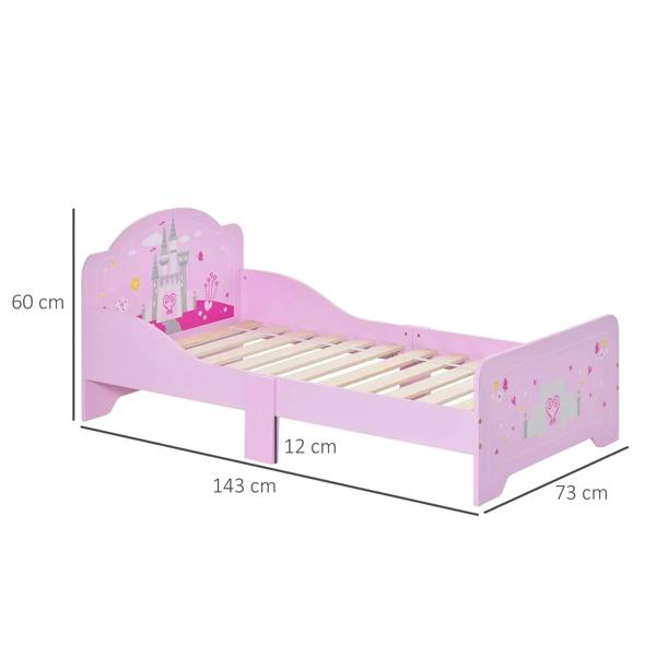 Pink kids bed frame with princess castle headboard, side rails, and slatted support base; size shown