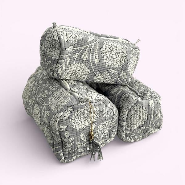 Hayley & Co Grey Floral Block Print Cotton Washbag, Make Up Bag, Pencil Case with Waterproof Lining - Pink Sunflower Print