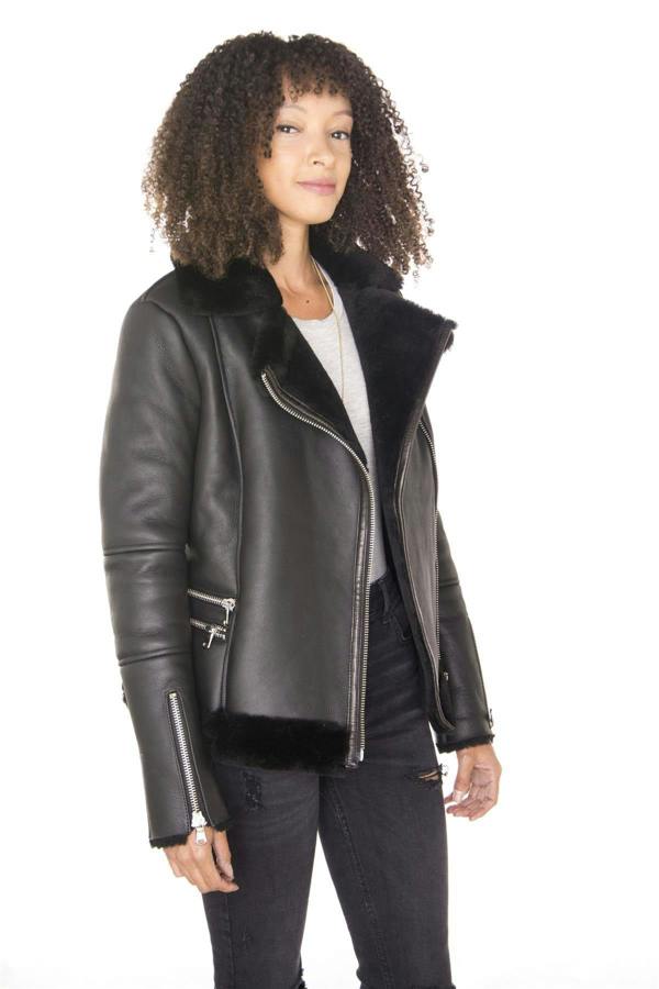 Infinity Leather Womens Black Shearling Sheepskin Aviator Jacket-Patchway
