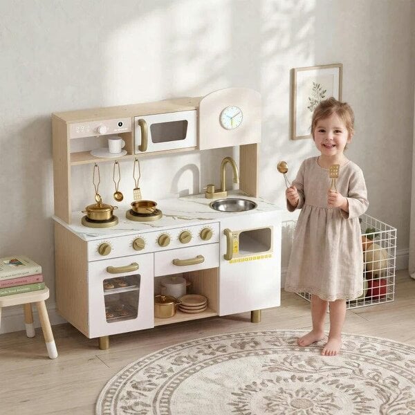 Bobobiy Play Kitchen, Kids Kitchen Playset with Rotating Coffee Machine, Storage Shelf, Stove, Gift for Kids 3-6 Years, White - White