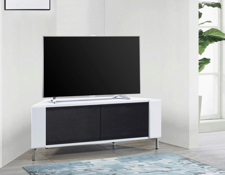 MDA Designs CORVUS Corner-Friendly Gloss White Contemporary Cabinet with White Profiles Black BeamThru Glass Doors for Flat Screen TVs up to 50"