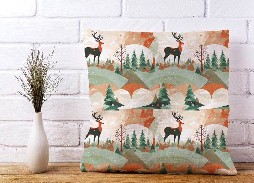 Warren Reed Reindeer On A Snowy Landscape Pattern Cushions