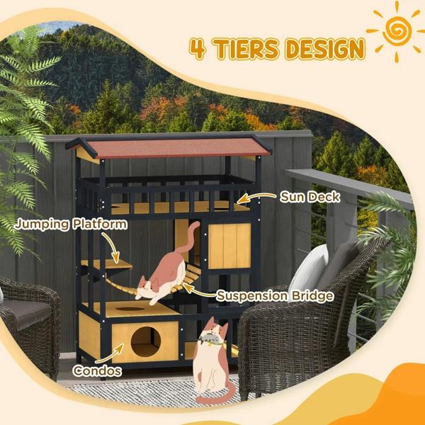 Four-tier cat shelter featuring a sun deck, suspension bridge, and condo openings