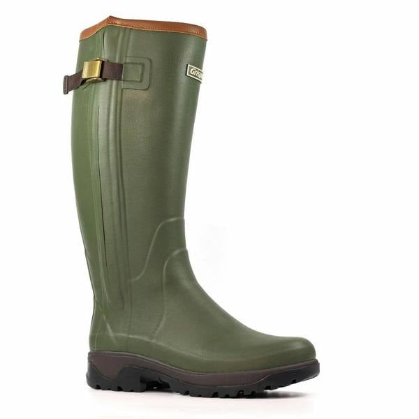 Grisport GriSport Delta Mens/Womens Zip Up Neoprene Fishing Hunting Farm Wellies Boots, green rubber waterproof boots with brown trim and adjustable strap.