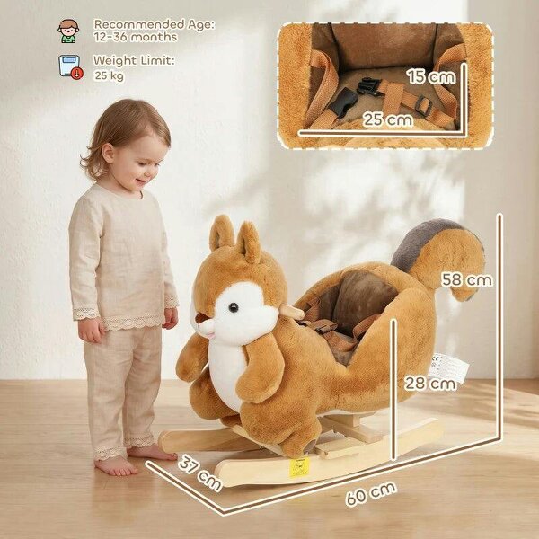 Rocking Horse, Stable Plush Ride on Horse Squirrel Design with Animal Sounds, Security Belt for Toddlers 1-3 Y, Brown