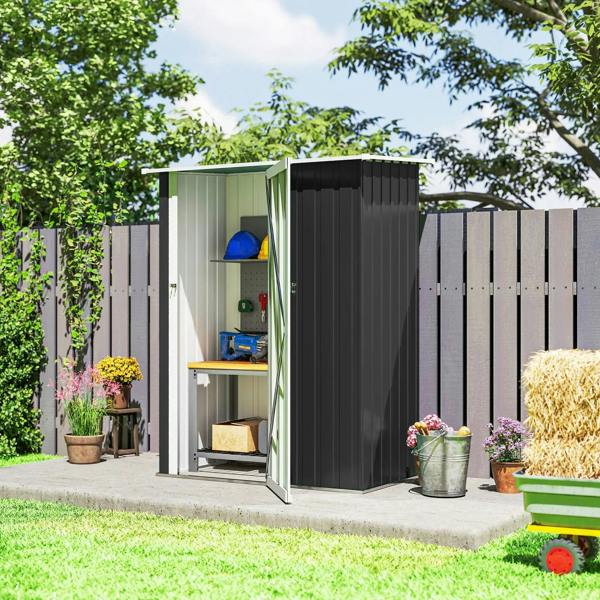 Grey metal garden shed with open side door and shelving with stored items