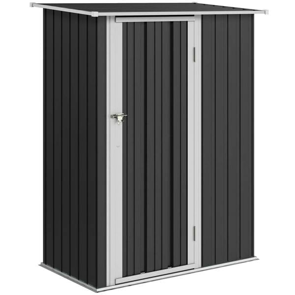 Grey metal garden storage shed with sloped roof, double doors and vertical handle