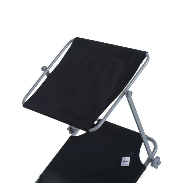 Black foldable sun lounger chair with adjustable backrest, angled reclining position