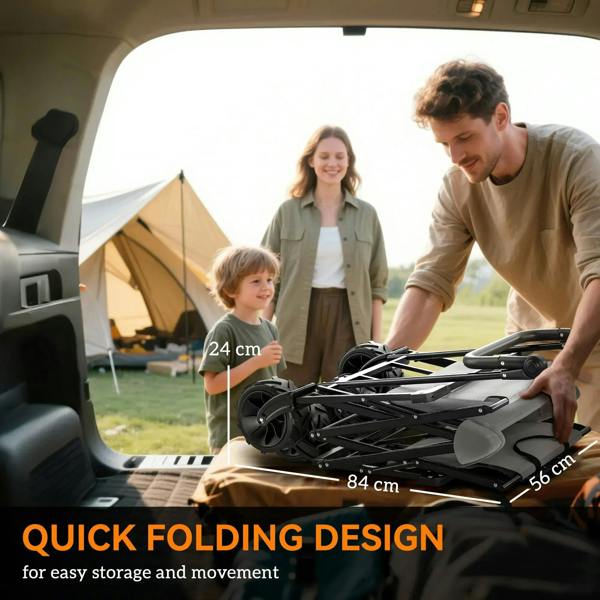 Grey folding wagon cart with canopy frame, folded for transport in car trunk