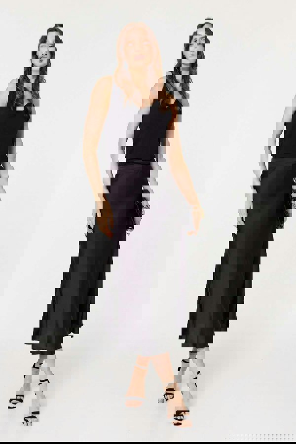 Black | High Waist A-Line Midi Slip Skirt