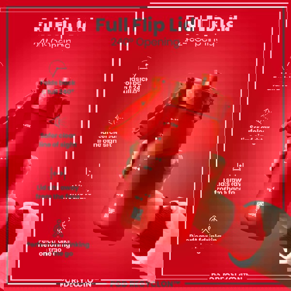 A red water bottle with a 240° flip lid is held by a hand. The lid folds back completely, away from the face. The bottle is shown against a red background. "POD RECYCLON™" is visible.