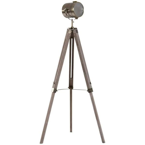 Bronze industrial tripod floor lamp with adjustable searchlight head and grey wood legs