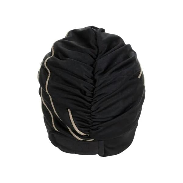 Black quilted piped fabric swim cap backpack with silver trim