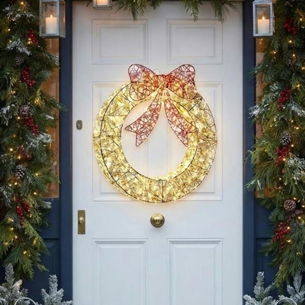 Garden Greatness Large Golden Elegance LED Twist Red Bow Wreath